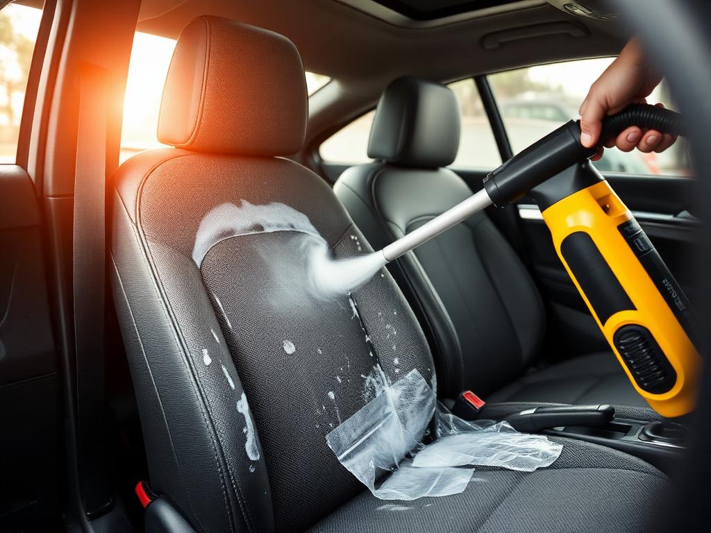 Banco de carro em tecido sendo higienizado com equipamento profissional