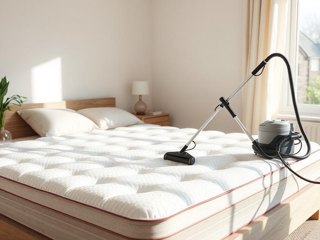 Colchão sendo higienizado profissionalmente em quarto claro